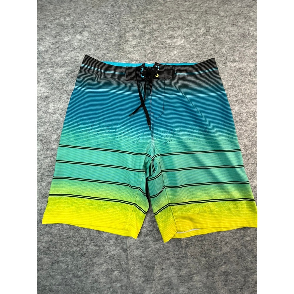 BURNSIDE Boardshorts Mens 30 Striped‎ Blue Yellow 8" inseam Wax Comb